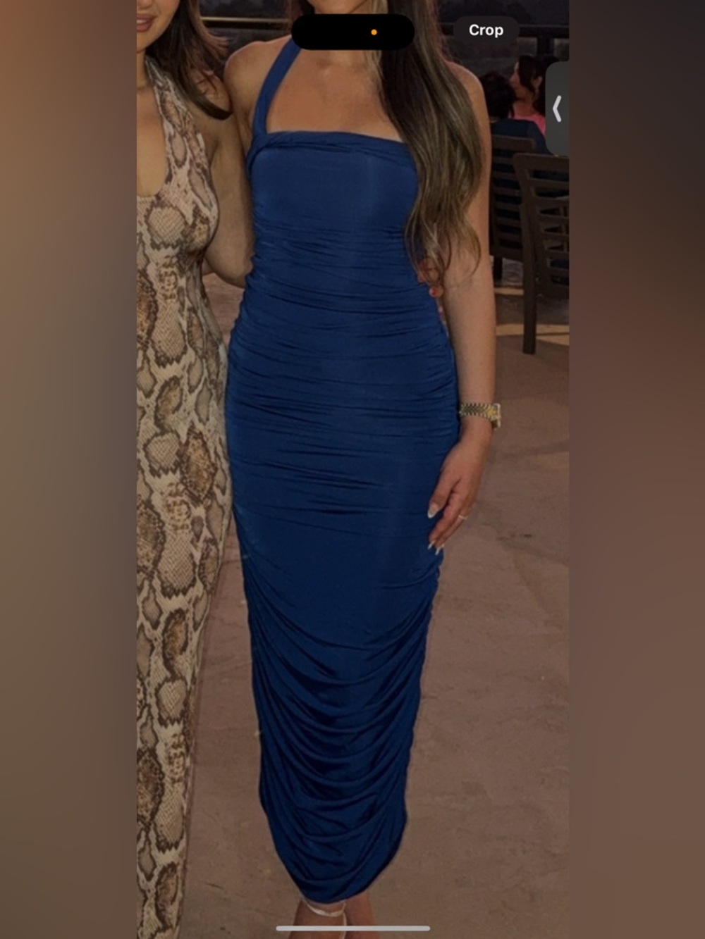 Meshki Navy Ruched Halter Midi Dress